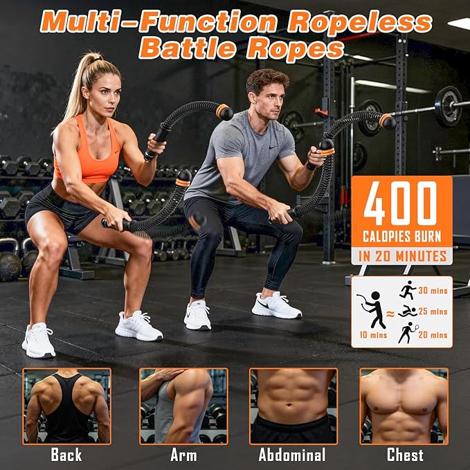 Ropeless Battle Ropes for Home Gym, Portable Cordless with Storage Bag & 8 Adjustable Weight Rings, Heavy Duty Fitness Rope for HIIT, Strength, High Calorie Burn & Low-Impact Cardio for Men & Women