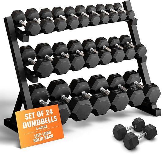 Rubber Hex Dumbbell Set with Rack, 8/10/12/15/20 Pair (450/550/780/1200/1550/2100 lbs total) Weight Rack with Dumbbells for Home Gym & Strength Training
