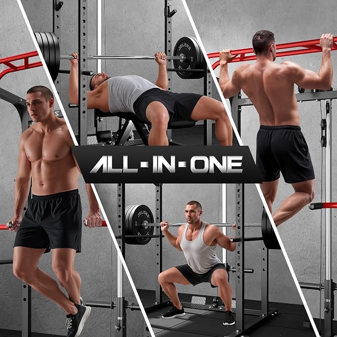 JELENS S11 Power Cage, 2000LB Multi-Function Power Rack with LAT Pulldown, Squat Rack with Adjustable Pulley System and Training Attachments, Weight Rack for Home Gym