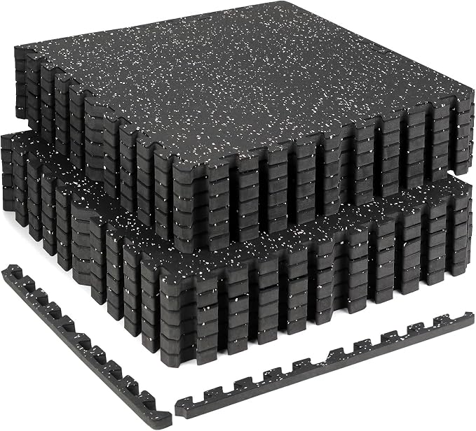 0.79" Extra Thick Rubber Top Gym Flooring, 12 Tiles 48 Sq Ft Heavy Duty Interlocking Exercise Mats, High Density EVA Foam Non-Slip Workout Mat for Home Gym & Garage, 24x24in, Black/White