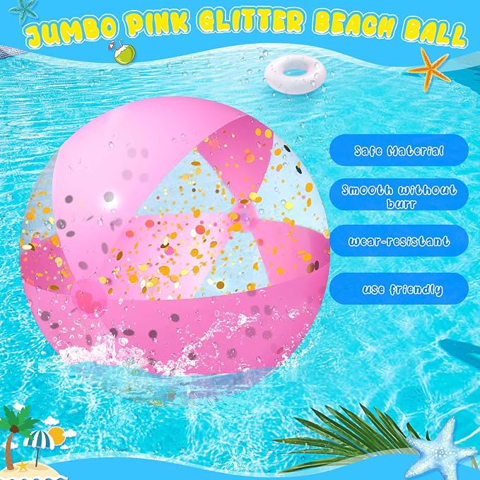 Sosation 78 Inch Giant Pink Inflatable Beach Ball 6.5 ft Large Glitter Beach Ball UV Resistant Jumbo Swimming Balls Clear Confetti with Repair Tape Floatable Balls for Swimming Pool Party Decor