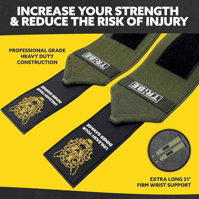 21-Inch Wrist Wraps and 24-Inch Lifting Straps Set for Weightlifting | Heavy-duty wrist support wraps, anti-slip silicone grip straps with padded loops, reinforced stitching for heavy lifts