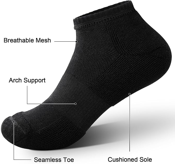 LWK Men's Bamboo Viscose Ankle Socks 10-Pack, Thick Cushioned, Seamless Toe, Moisture Wicking, Arch Support, Gift Box