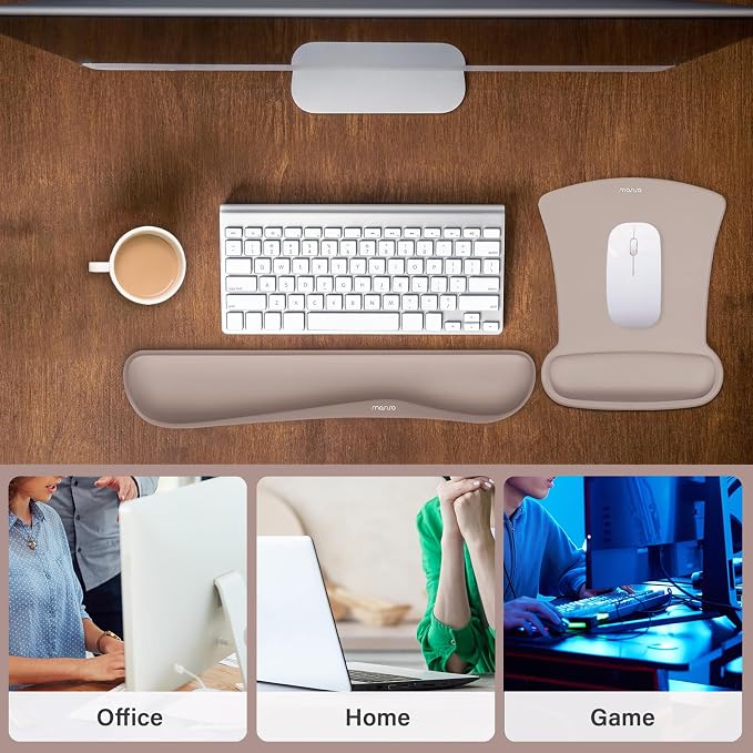 MOSISO Wrist Rest Support for Mouse Pad & Keyboard Set, Ergonomic Mousepad Non-Slip Base Home/Office Pain Relief & Easy Typing Cushion with Neoprene Cloth & Raised Memory Foam, Taupe Brown
