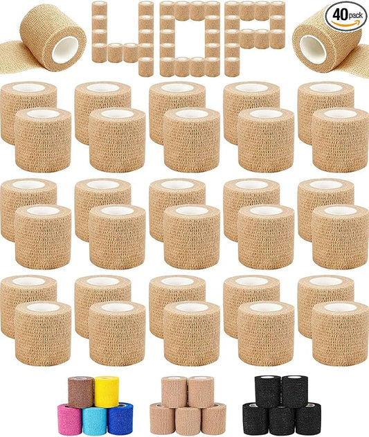 AZEN 40 Pack Self Adhesive Bandage Wrap, 2" X 5 Yards Elastic Cohesive Bandage Wrap, Skin Color Athletic Tape, Vet Wrap, Ankle Tape, Tattoo Grip Tape Wrap