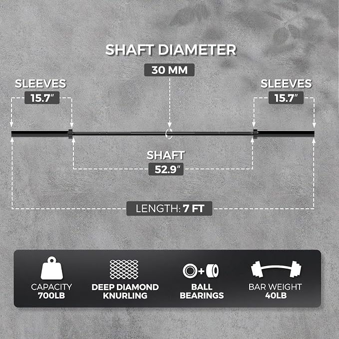 7FT Alloy Steel Olympic Barbell, 700LB 40LB | 30mm knurled grip bar with rotating sleeves, chrome finish, 2-inch plate fit, and 700LB capacity for home gym lifts