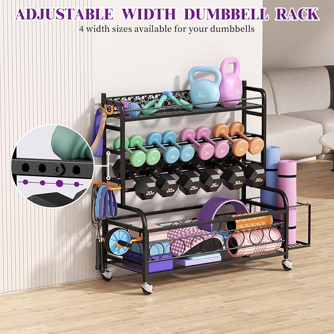 VOPEAK 3-Tier Dumbbell Rack with Wheels, Weight Rack for Home Gym Storage | Stores dumbbells, kettlebells & yoga mats. Lockable wheels for mobility. Sturdy steel frame, easy 15-min assembly