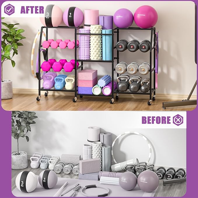 Dumbbell Rack, Yoga Mat Storage Rack, Home Gym Storage Rack for Kettlebells, Exercise Equipment Storage with Wheels and Hooks, All in One Home Gym Equipment Organizer