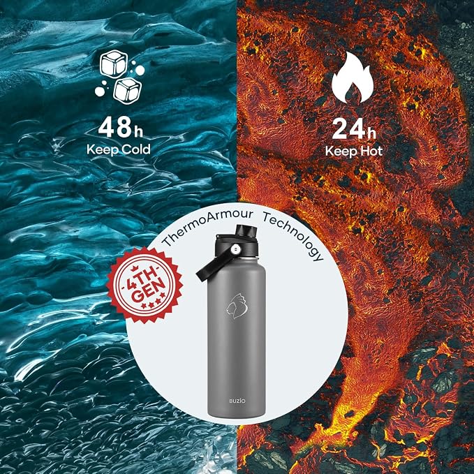BUZIO Double Wall Stainless Steel Sports Wide Mouth Water Bottle, BPA-Free Flex Cap and Straw Lid, 40 Ounces & 32 Ounces Water Bottle, Graphite | 40 oz Insulated Stainless Steel Water Flask (Cold for 48 Hrs/Hot for 24 Hrs), Dishwasher Safe, Leakproof, ...