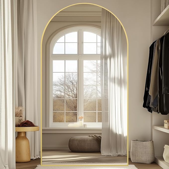 MirrMuse Oversized Arched Full Length Mirror with Stand, 82"X44", Gold | Tempered Glass, Free Standing, for Bedroom Living Room Clothing Store Gym, Aluminum Alloy Frame, Hanging or Leaning