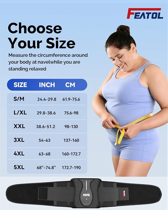 FEATOL Back Brace for Lower Back Pain Wide Coverage 360° Strong Lumbar Support with Removable Pad, Adjustable Waist Support Belt for Men Women, Size 3XL 54''-63''