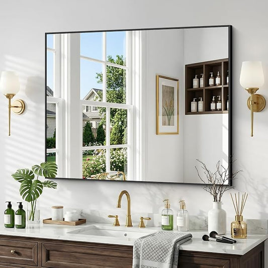 30"x36" Bathroom Mirror for Over Sink, Large Black Rectangle Mirrors for Wall, Black Framed Rectangular Mirror for Living Room Bedroom Bathroom, Hangs Horizontally or Vertically