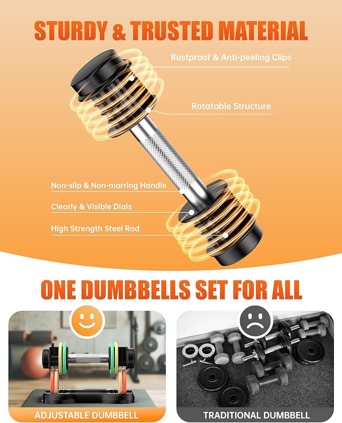 5-IN-1 Adjustable Dumbbell Set, Pair 12.5LB/22.5LB Weight Set for Home Gym | rainbow-colored weight plates, anti-slip handle, suit both men and women, full body home workout