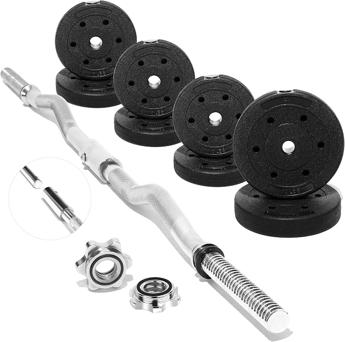 Yes4All Standard Straight Barbell 60" & EZ Curl Bar 47", Capacity 200 to 480 LB, Weight Bar 1" to 2" Diameter - Star Lock Collars, Rubber Ring, Barbell Spins Included for Deadlifts & Squats