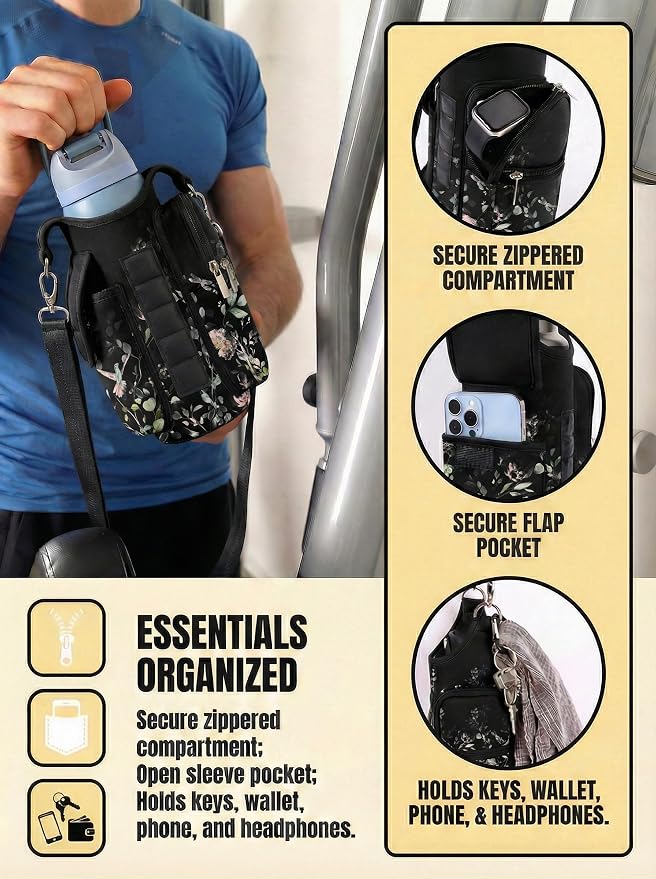Magnetic Gym Bag,Magnets Gym Water Bottle Bag Carrier Holder with Pockets & Strap Fit for 18 to 40 oz Owala Hydro Flask Yeti, Gym Accessories for Men Women,Walking, Hiking