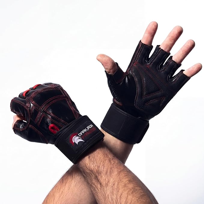 Dark Iron Fitness Genuine Leather Gym Gloves for Men Women, Wrist Wrap Support Workout Gloves for Weight Lifting Crossfit Deadlift Barbell Exercise Palm Padding Callus Protection Grips