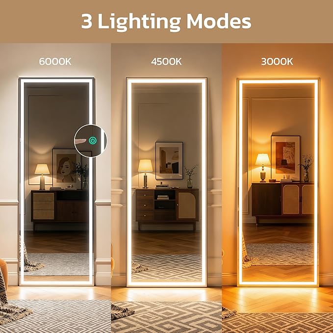 Full Length Mirror with Lights, 71" x 26" LED Floor Mirrors, Full Body Dressing Standing Mirrors with Dimming & 3 Color Lighting, Hanging Mounted Mirror for Living Room Bedroom Cloakroom