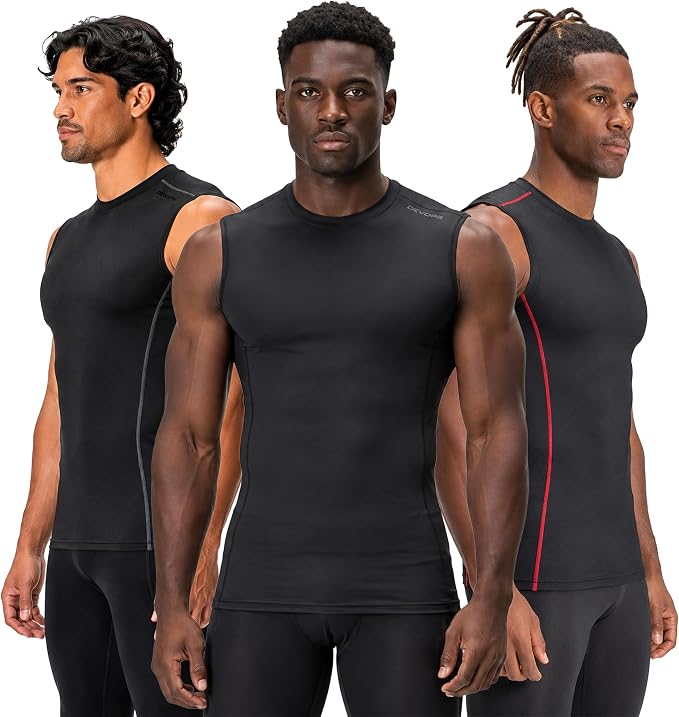 DEVOPS 3 Pack Men's Compression Shirts Sleeveless Tank Top Baselayer | Gym Training, Running, Moisture Wicking, Compression Fit, 4-Way Stretch, UPF 50+, Sleeveless