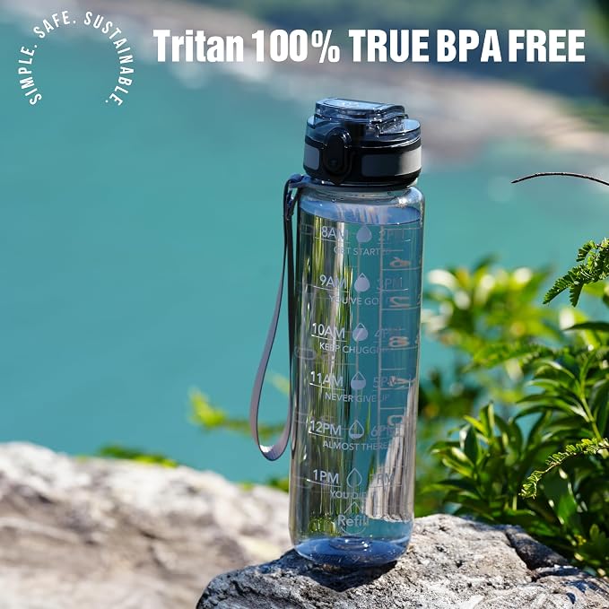 OLDLEY Water Bottle, 32oz Motivational Sports Water Bottle with Time Marker - Times to Drink - Tritan, BPA Free, Wide Mouth Leakproof,Smoke Grey