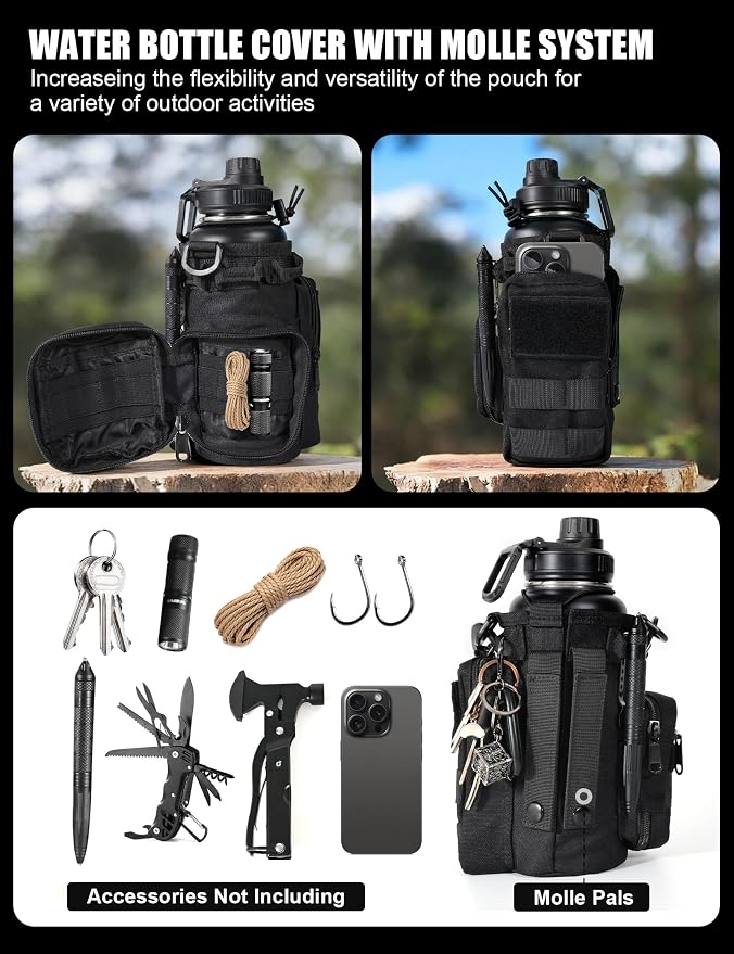 Tactical Water Bottle with Straw, 32 Oz Insulated Water Jug with Molle Water Bottle Holder, Stainless Steel Sport Bottle with 2 BPA Free Lids for Gym Workout Hiking (32oz-Black)