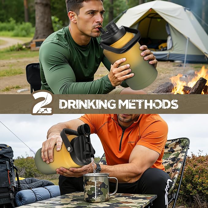NATURE PIONEOR 128oz/1 Gallon Tactical Water Bottle with MOLLE Bottle Pouch | 18/8 Food-grade Stainless Steel, Double Vacuum Insulation, Wide-Mouth, Straw & Spout Lid, Strap, Camping, Hiking, Gym, Work