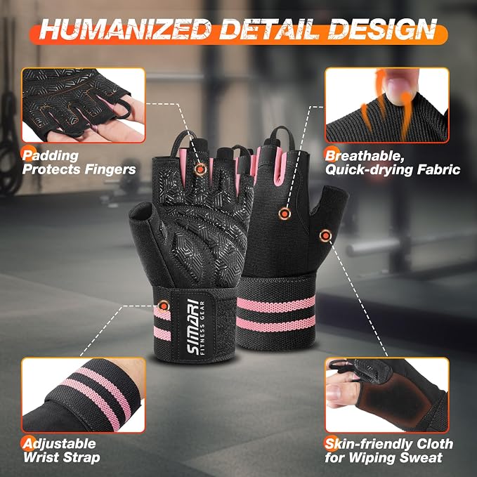 SIMARI Workout Gym Gloves for Men Women, Weight Lifting Gloves with Wrist Wrap Support, SBR Pad Grip for Full Palm Protection, for Exercise, Fitness, Dumbbells, Barbell, Climbing, Fingerless