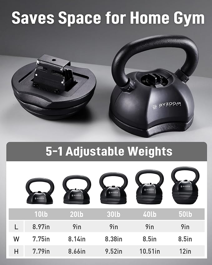 BYZOOM FITNESS Pure Series Adjustable Kettlebell 30/40/50LB - 5-IN-1 Weight Change, Patented Quick-Change Machenism, Ergonomic Curved Handle for Home Gym, Strength Training, HIIT, White OR Black