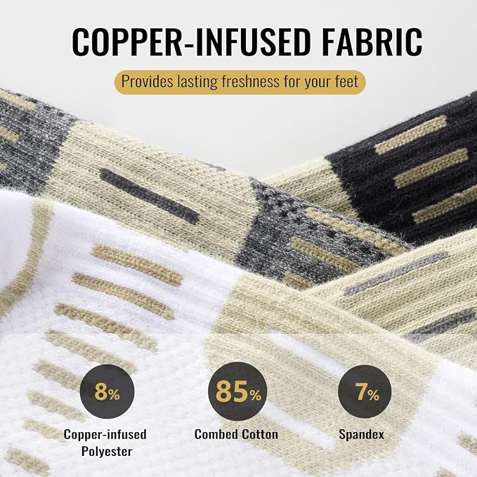 6 Pairs Copper Ankle Compression Socks for Men and Women | Copper Graduated Compression Socks with Terry Cushioning and Arch Support, Breathable Mesh Design, Machine Washable