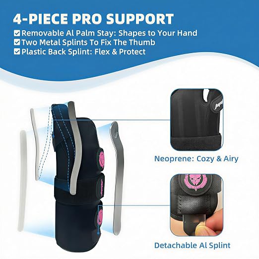 JUPITER Carpal Tunnel Wrist Brace with Thumb Support, Day & Night Thumb Spica Splint for Right Hand, Ideal for De Quervains Tenosynovitis, Tendonitis & Typing Pain Relief - Small/Medium, Black-Pink for Men & Women