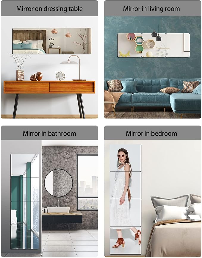 Unbreakable Acrylic Full Length Mirror for Wall Mounted, Full Body Mirror for Kids, Flexible Plastic Safe Shatterproof, 4 PCS 14 x 14 Inches, Workout Mirrors Tiles for Home Gym, Bedroom Over The Door