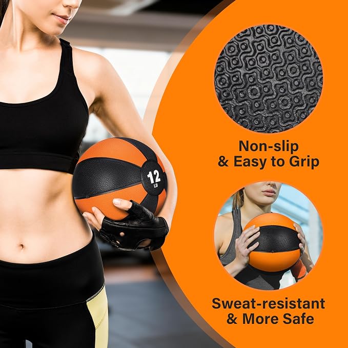 12lb Slam Medicine Ball Weighted Fitness Workout Ball with Rubber Shell Textured Grip for Core Strength, Exercise, Cardio, Balance and Flexibility Improves