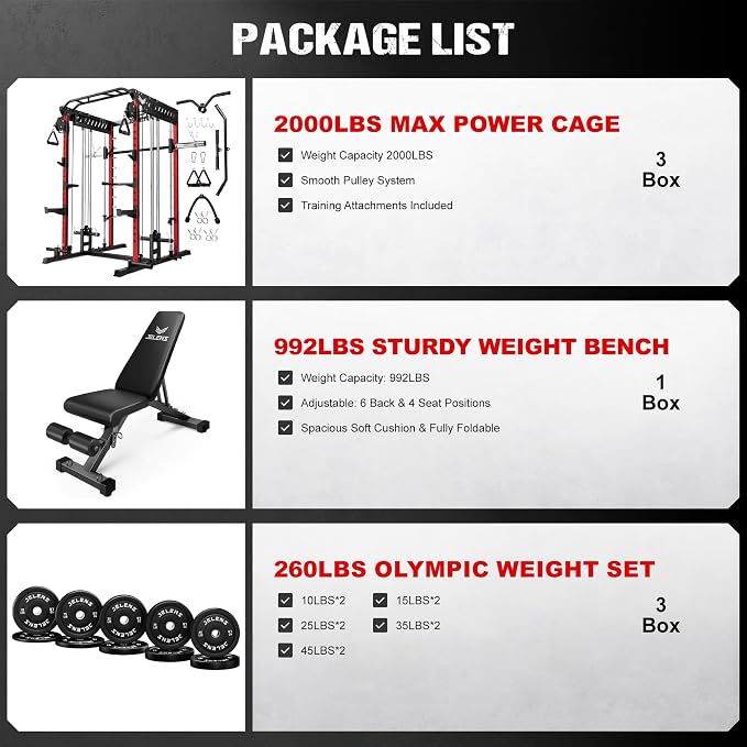 JELENS M21 Smith Machine, Multi-Function Power Cage with Dual Pulley Cable Crossover System, 2000LBS All-in-One Squat Rack with Smith Bar and Attachments for Home Gym
