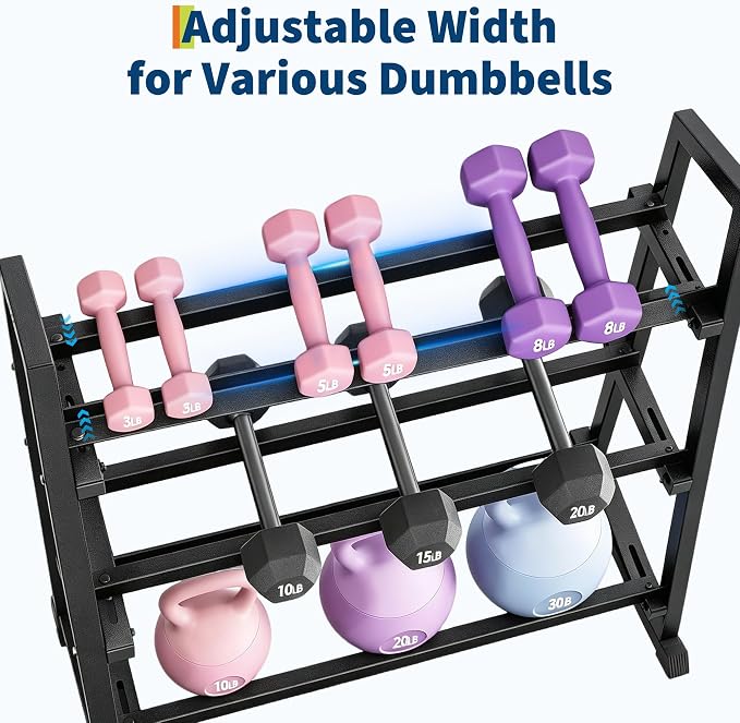 3-Tiers Dumbbell Rack, 1300LB Capacity Adjustable Weight Rack for Home Gym, H-Frame & Trapezoidal-Frame Weight Stand for Dumbells, Kettlebells, Barbells, Weight Plates