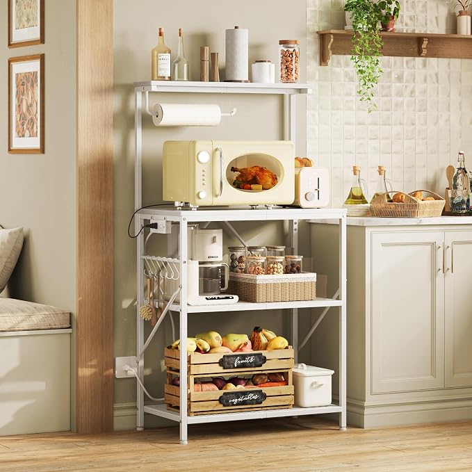 Huuger 4-Tier Bakers Rack with Reversible Power Outlet, 23.6 Inch Microwave Stand, Kitchen Coffee Bar, with Top Shelf, 6 S Hooks, White