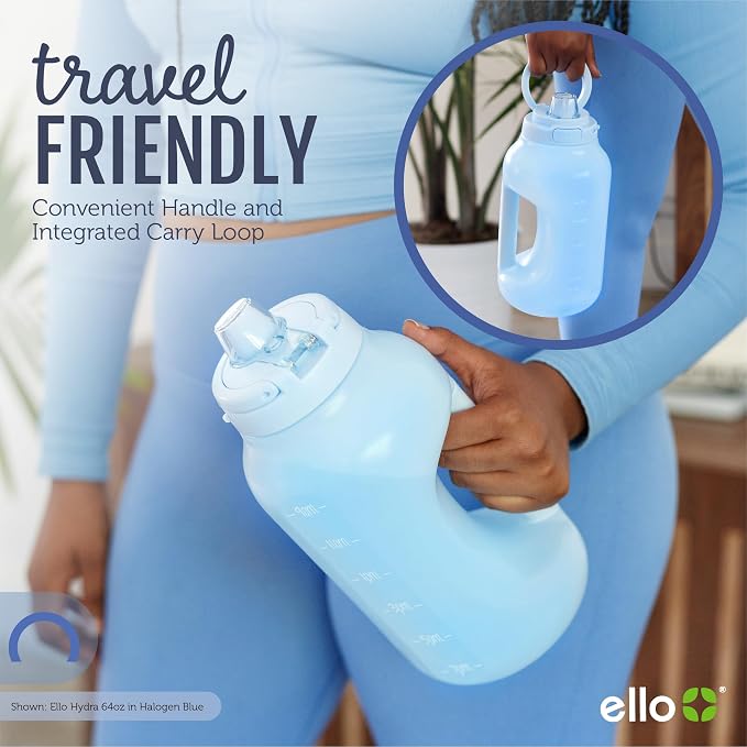 Ello Hydra 64oz BPA-Free Plastic Water Jug with Time Markers, Yucca | Large plastic water bottle jug for all day hydration with time markers, carry loop, straw, leakproof lid, and BPA-free