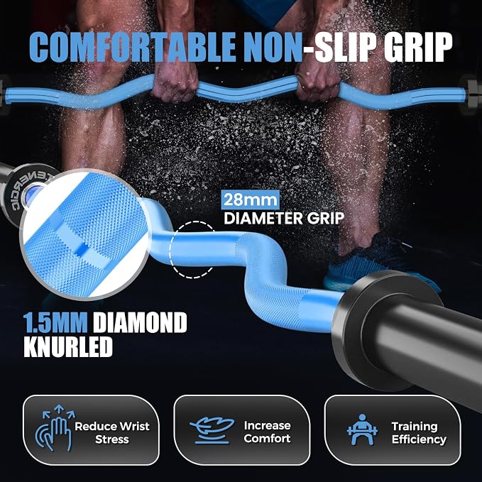 47” Solid Steel Olympic Curl Bars, 500LB | EZ and Super EZ curl bars with knurled grips, rotating sleeves, solid steel build, and 2-inch Olympic plate compatibility