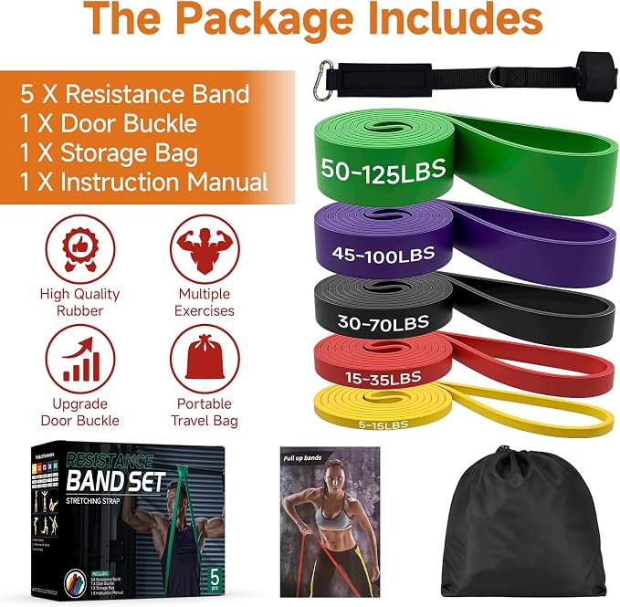 Pull Up Assistance Bands, Heavy Duty Exercise Bands for Working Out | Resistance Bands Set 5-175LBS for Pull Ups,Training & Physical Therapy. Workout Bands for Full Body Stretch & Muscle Recovery