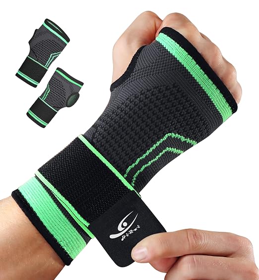 2-Pack Wrist Brace Wrist Wraps, Hand Compression Sleeves with Wrist Straps Support for Fitness Weightlifting MTB Tendonitis Carpal Tunnel Arthritis Pain Relief (Green, Large)