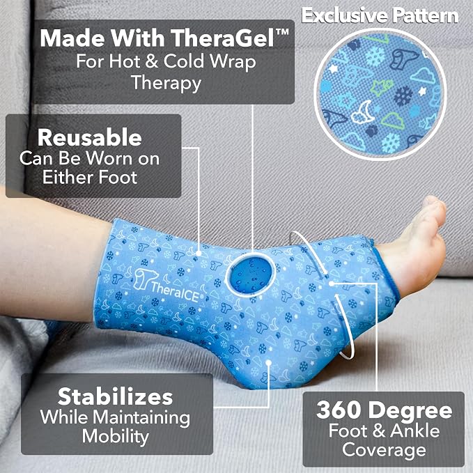 TheraICE Junior Ankle Ice Pack Wrap for Swelling, Sprained Ankle Support | Foot & Heel Ice Wrap for Achilles Tendonitis, Plantar Fasciitis, Comfortable Junior Fit
