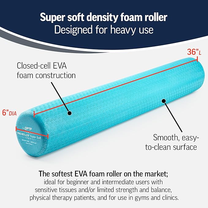 OPTP PRO-Roller Super Soft Density Foam Roller – Round, Light Blue, 36"x 6" | Low density foam roller for exercise, gentle massage, and physical therapy, gentle, forgiving compression, 36" x 6" round