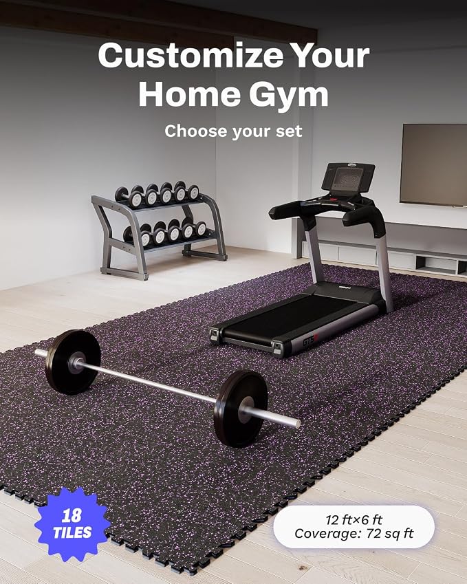 AIRHOP 0.79'' Extra-Thick 72 Sq Ft Rubber Top Gym Flooring for Home Gym | 18 Tiles, High Density EVA Foam, Waterproof & Non-Slip Rubber, Interlocking Puzzle Mats, Heavy Duty Floor Protection, 24"x24"