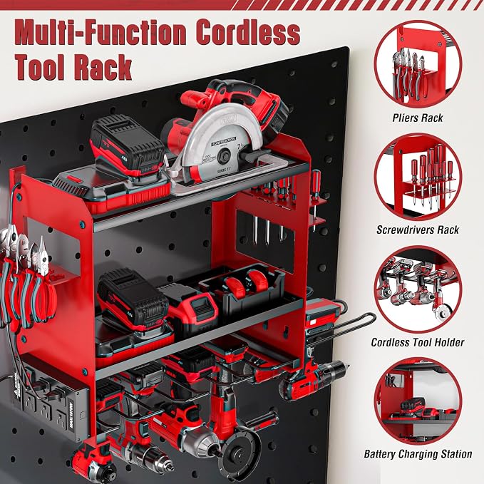 YYR Power Tool Organizer Wall Mount with Charging Station, Cordless Tools Hanger and Battery Storage Rack for Garage Organization, Heavy Duty Drill Holder Shelf Build in Metal Power Strip - Red