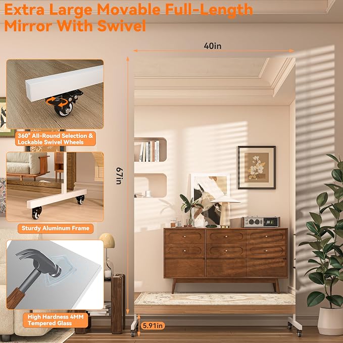 Hasipu 67" x 40" Large Full Length Rolling Mirror with Wheels, White | Tempered glass, sturdy metal frame, smooth rolling casters, removable stand, ideal for gym, bedroom, dance studio & yoga.