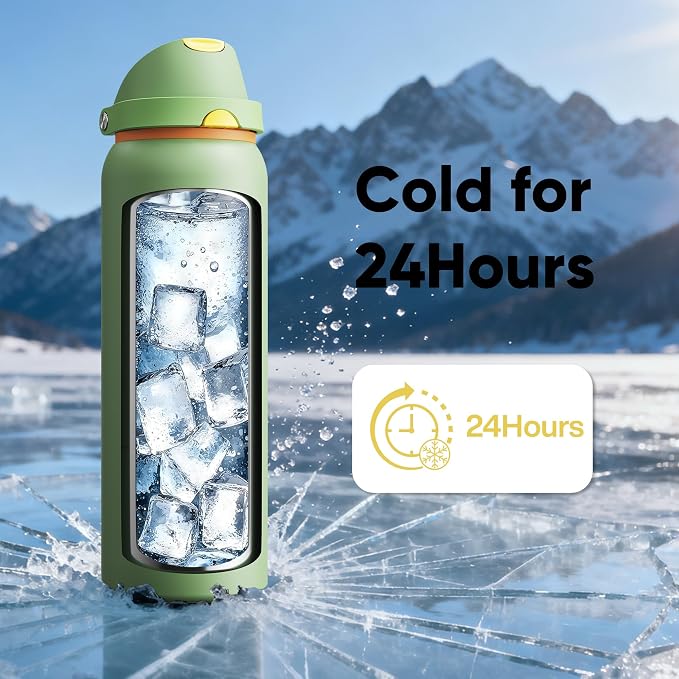 Insulated Water Bottle with Straw - Encool Stainless Steel Water Bottle with Push Button Lid, Leak-Proof & BPA-Free, Keeps Cold for 24 Hours for Sports, Travel, Gym (40 oz, Lichen-Yellow)