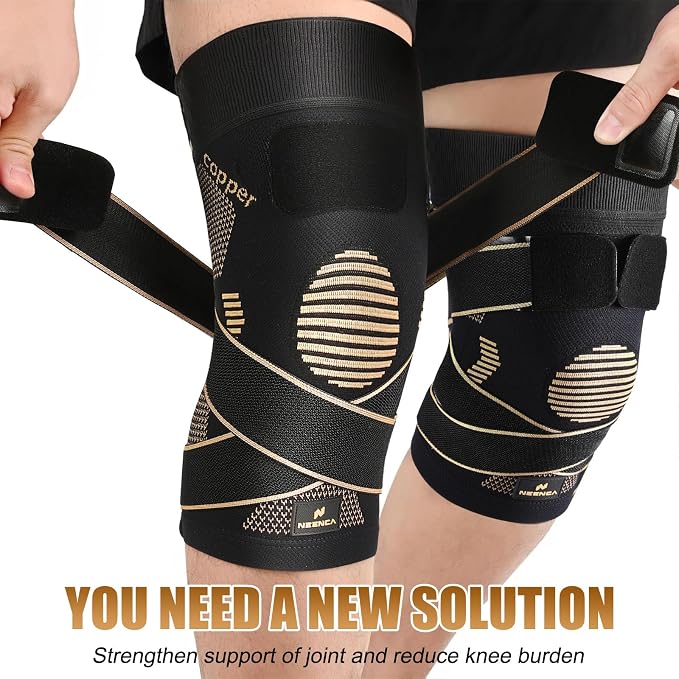 NEENCA Copper Knee Brace with Straps for Women/Men, Knee Compression Sleeve for Knee Pain, Arthritis, ACL, Meniscus Tear, Joint Pain Relief. Knee Support for Running, Workout, Weightlifting - Single