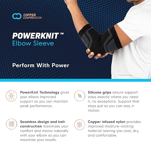 Copper Compression PowerKnit Elbow Sleeve - Seamless Elbow Brace for Men & Women - Pain Relief for Tendonitis, Tennis Elbow, Golfers, Weight Lifting - Fits Right or Left - 1 Sleeve - XXL