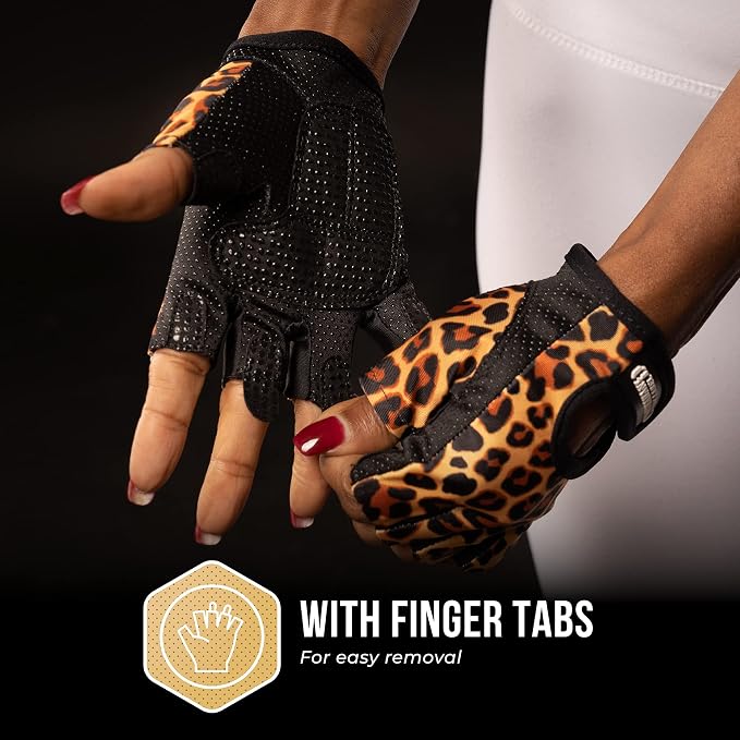 Contraband Pink Label 5297 Womens Design Series Leopard Print Lifting & Rowing Gloves (Pair) - Lightweight Vegan Medium Padded Microfiber Amara Leather w/Griplock Silicone