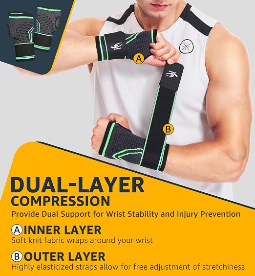 2-Pack Wrist Brace Wrist Wraps, Hand Compression Sleeves with Wrist Straps Support for Fitness Weightlifting MTB Tendonitis Carpal Tunnel Arthritis Pain Relief (Green, Small)