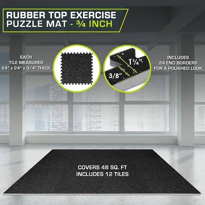 ProsourceFit Rubber Top Exercise Puzzle Mat ¾-inch, EVA Foam, Protective Interlocking Tiles for Home Gym Equipment and Workouts; Grey, 48 SQ FT, 12 Tiles