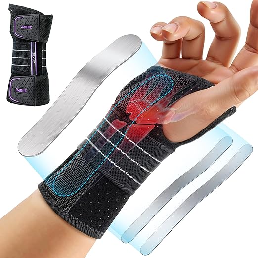 Rakiie Carpal Tunnel Wrist Brace, Adjustable Night Wrist Support with 3 Metal Splints, Hand Brace for Men Women No Pressure on Thumb, Splint Stabilizer for Work, Arthritis (Right Hand, Purple, Medium)